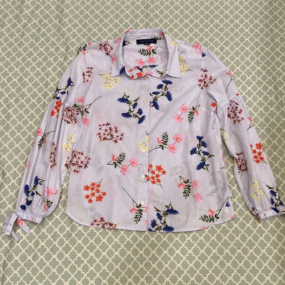 Tommy Hilfiger Stripe Floral Button Down Bow Cuff M